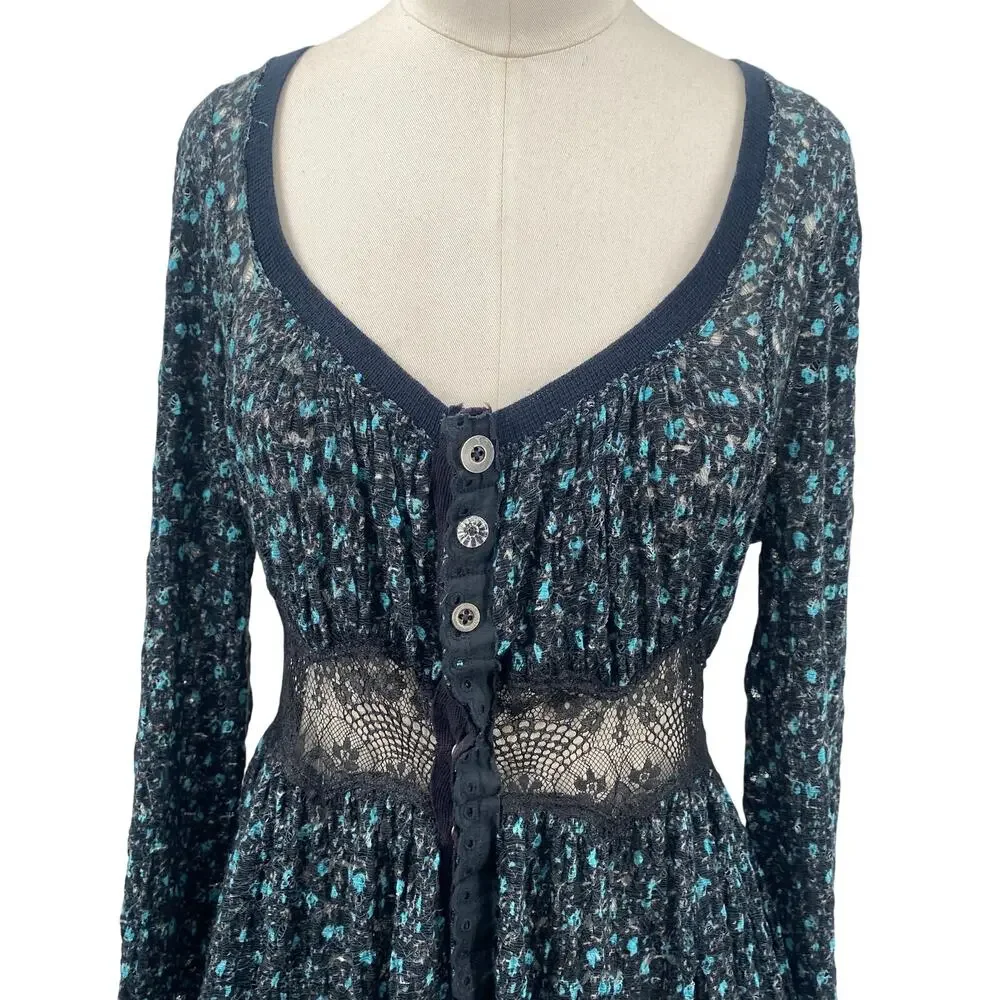 Free People Babydoll Lace Tunic Top Henley Cotton Printed Mixed Button Front S
